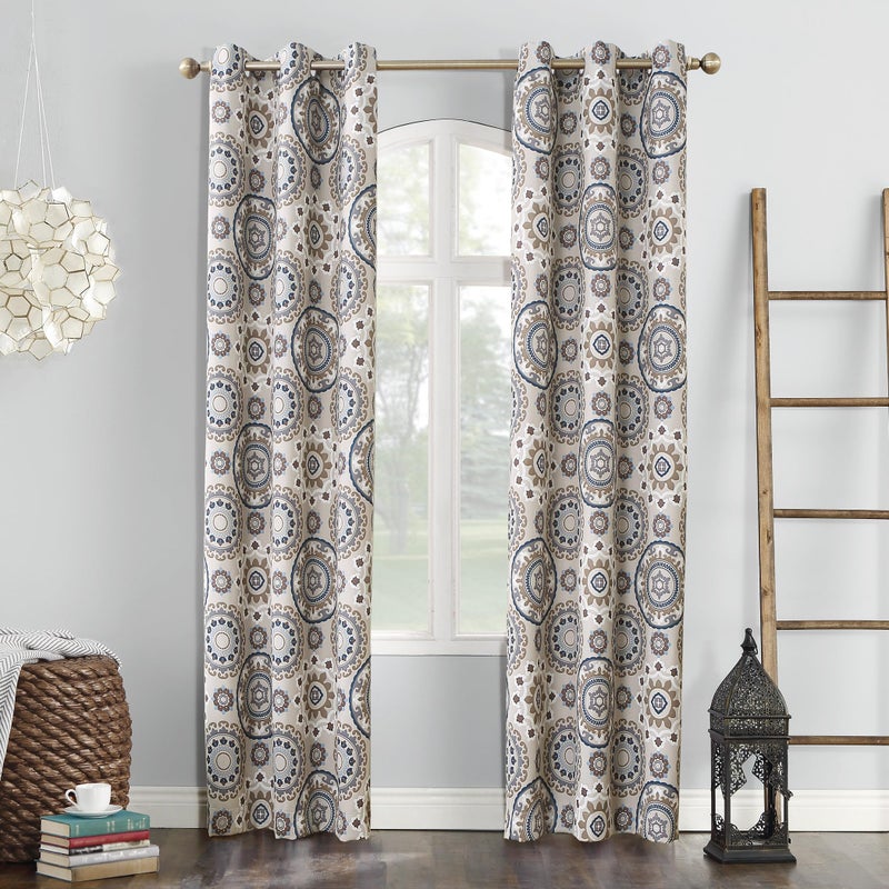 Sun Zero Nepal Global Medallion Print Blackout Grommet Curtain Panel, 40" x 84", Linen - Image 1